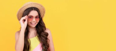 in style. happy childrens day. kid summer fashion. beach party. finally summer holiday. Child face, horizontal poster, teenager girl isolated portrait, banner with copy space