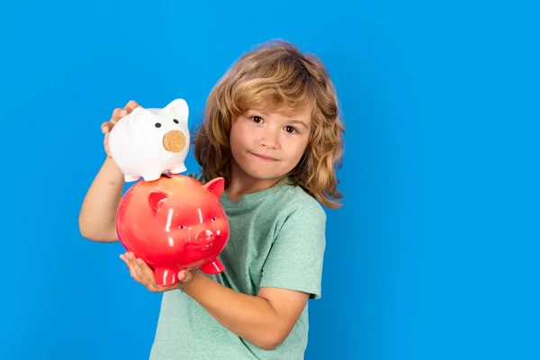Piggy bank for money. Kid saving money for purchase, hold pink piggy bank. Child learning to calculate personal budget, manage finance, playing investment, accounting