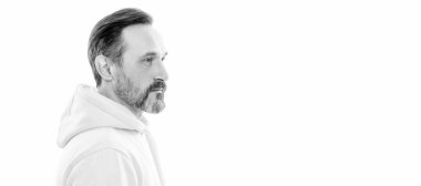 İnsan yüzü portresi, fotokopi alanı olan pankart. Model. Bıyıklı, beyaz sakallı, son sınıf öğrencisi.