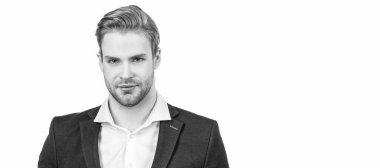 Qualified expert isolated on white. Ask the expert, copy space. Man face portrait, banner with copy space. Business man in suit, isolated studio background