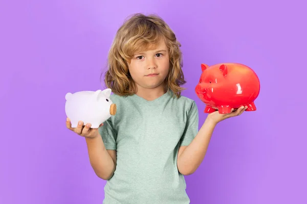 Piggy bank for money. Child saving money in a piggy bank, learning about saving, Kid save money in piggybank