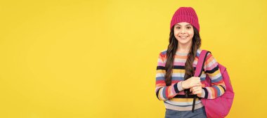 back to school. hipster kid with school bag. childhood happiness. concept of education. Horizontal isolated poster of school girl student. Banner header portrait of schoolgirl copy space