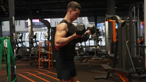 Sportowiec Robi Biceps Triceps Loki Trening Siłowni Sportowiec Ćwiczący Hantlami — Wideo stockowe