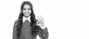 cheerful kid with curly hair. beauty and fashion. female fashion model. Child face, horizontal poster, teenager girl isolated portrait, banner with copy space