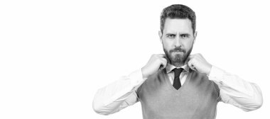 Man face portrait, banner with copy space. charismatic businessman in business casual style isolated on white background, male fashion