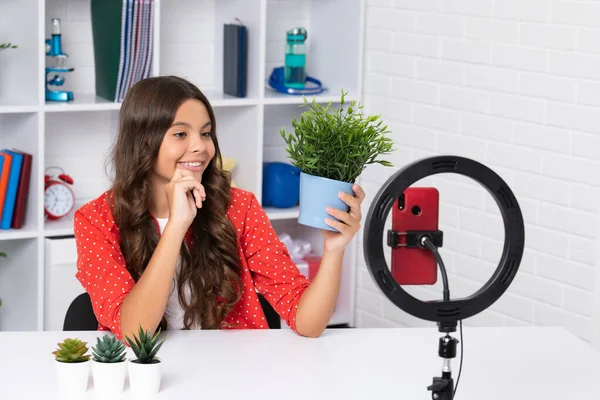 Genç çocuk akıllı telefonuyla sosyal medya için video dersi kaydediyor. Nüfuzlu genç, çevrimiçi yayınlanırken blog için yeni içerik oluşturuyor. Mutlu kız yüzü, pozitif ve gülümsüyor.