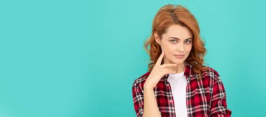 express positive emotions. thinking lady with curly hair. beauty and fashion. female model. Woman isolated face portrait, banner with mock up copyspace