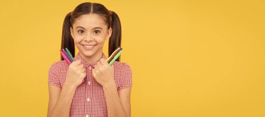 free time. lets start homework. creative mind. happy teen girl use colorful markers. Banner of schoolgirl student. School child pupil portrait with copy space