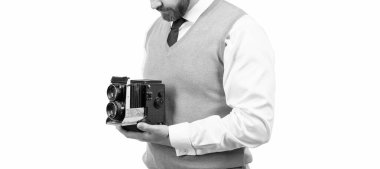 cropped guy with retro camera isolated on white backdrop, photography.