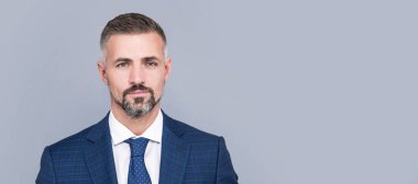 Man face portrait, banner with copy space. mature businessperson portrait in formalwear. business success. successful man in businesslike suit