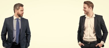 Man face portrait, banner with copy space. two confident men businessmen in formal suit are business partners isolated on white, partnership