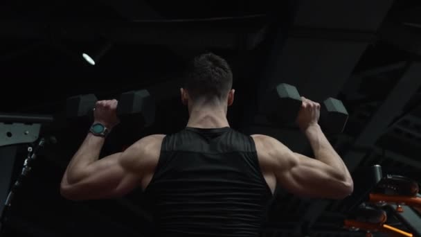 Fit Man Achteraanzicht Heffen Halters Hoofd Fitnessruimte Atleet Met Triceps — Stockvideo