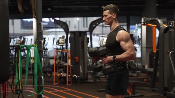 Spor Salonunda Biceps Triseps Kıvrımları Egzersizi Yapan Atletik Bir Adam — Stok video