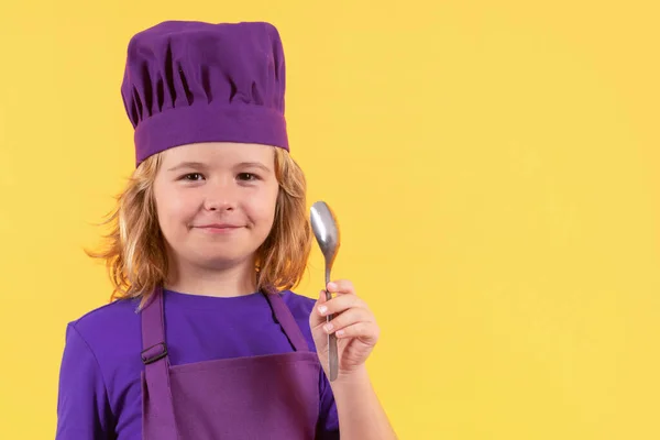 Funny Kid Chef Cook Spoon Studio Portrait Portrait Little Child — Fotografia de Stock