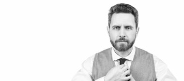 İnsan yüzü portresi, fotokopi alanı olan pankart. Resmi iş adamı beyazdan soyutlanmış. Kendine güvenen ve bıyıklı yakışıklı bir adam.