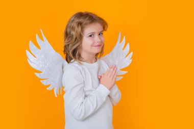 Angel child. Isolated studio shot. Cute kid with angel wings. Cupid, valentines day concept