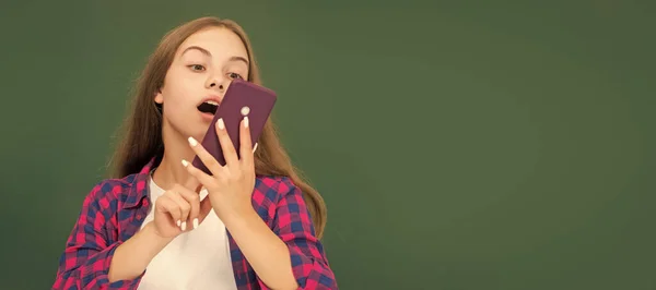 Happy Teen Girl Talking Mobile Phone High School Blackboard Voice — Foto Stock