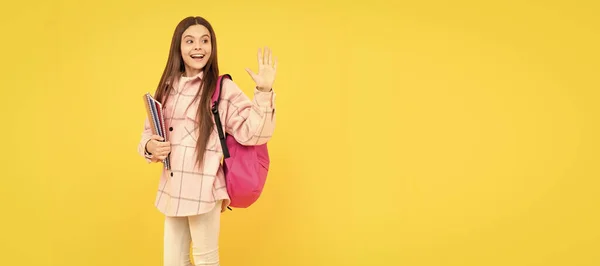 Back School Hello Goodbuy Teen Girl Checkered Shirt Happy Kid — Zdjęcie stockowe