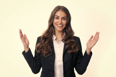 Woman point at copy space, showing copyspace pointing. Promo, girl showing advertisement content gesture, pointing with hand recommend product. Isolated background. Happiness business woman face