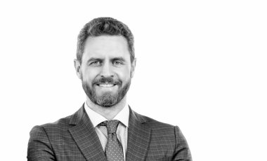 Beyaz fotokopi alanında izole edilmiş mutlu yönetici profesyonel çalışan portresi, yönetmen..