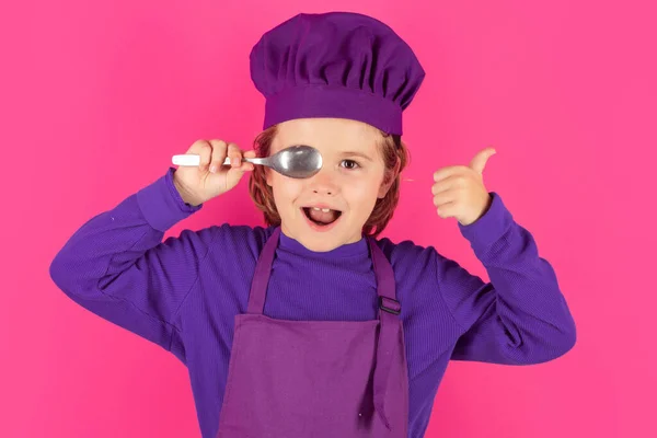 Cucchiaio Bambino Tenere Cucchiaio Cuoco Entusiasta Bambino Che Indossa Uniforme — Foto Stock