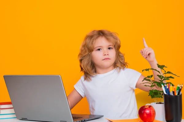 School Child Using Laptop Computer School Kid Holding Index Finger — Foto Stock