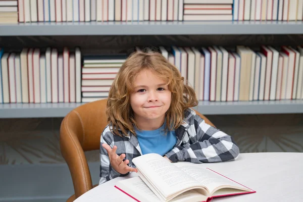 Childhood Education Concept Child Library Reads Books Schoolkid Choosing Book — Fotografia de Stock