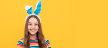 good friday. easter bunny egg hunt. just having fun. happy childhood. cheerful bunny kid. Easter child horizontal poster. Web banner header of bunny kid, copy space