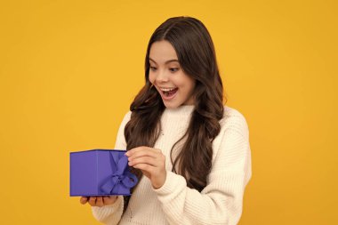 Heyecanlı genç kız. Sevimli ergen kız sevgililer günüyle kutluyor, romantik hediye kutusu veriyor. Hediye, selam ve hediye konsepti. Doğum günü tatili kavramı