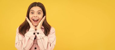 Aman Tanrım. Hippi çocuk sıradan bir şekilde şaşırdı. Ergen çocuk ekose gömlek giyiyor. Çocuk yüzü, yatay poster, genç kız portresi, fotokopi alanı olan pankart