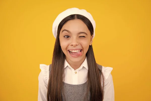 Funny Kids Winks Face Portrait Silly Teenager Child Girl Smiling — Fotografia de Stock