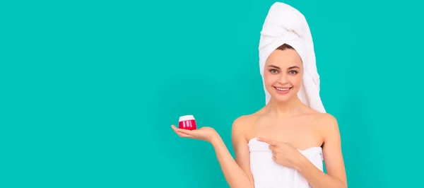 Skin Care Beauty Woman Happy Young Woman Towel Point Finger — Stock Photo, Image