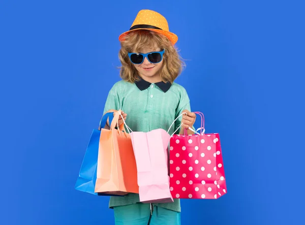 Little Buyer Customer Child Shopping Portrait Child Boy Shopping Bags — Photo