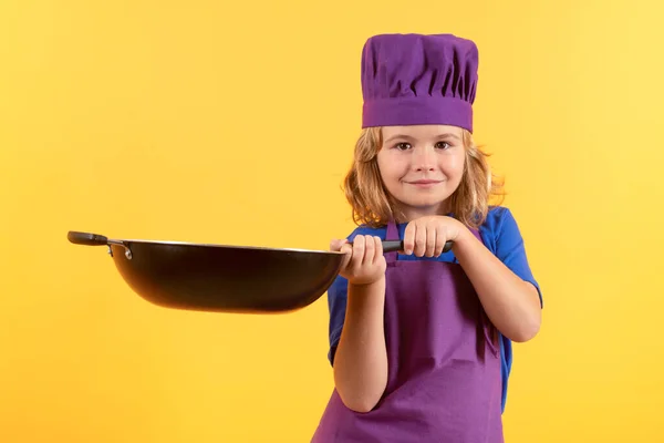 Criança Cozinha Com Panela Cozinhar Cozinhar Crianças Rapaz Chefe Fazer — Fotografia de Stock