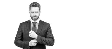 Middle-aged man wear formal business suit with navy necktie isolated on white, businessman. Man face portrait, banner with copy space
