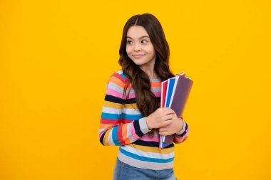 Okula dönelim. Kitaplı liseli bir kızın portresi. Çocuk okulu ve eğitim konsepti. Öğrenci kız. Mutlu ergen, pozitif ve gülümseyen genç kız duyguları