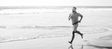 Man running and jumping, banner with copy space. energetic summer. runner feel freedom. enjoying the morning. sport athlete run fast