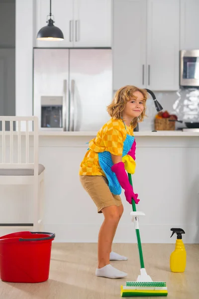 Cleaning Home Child Cleans Home Concept Kid Cleaning Mop Help — Stock Photo, Image