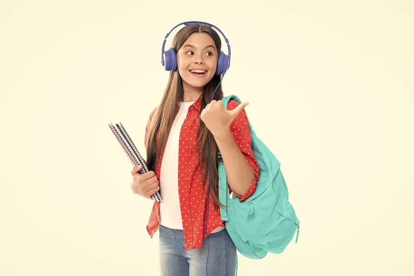 Schoolgirl Teenage Student Lifestyle Girl Headphones Hold Books White Isolated — 图库照片
