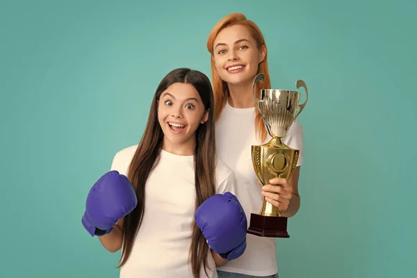 Mommy Teen Daughter Boxing Gloves Holding Winning Prize Showing Trophy — 스톡 사진