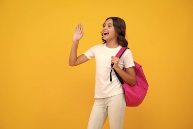 Okul üniformalı okul çantalı kız. Okul çocuğu, genç öğrenci sırt çantasını sarı izole edilmiş arka planda tutuyor.