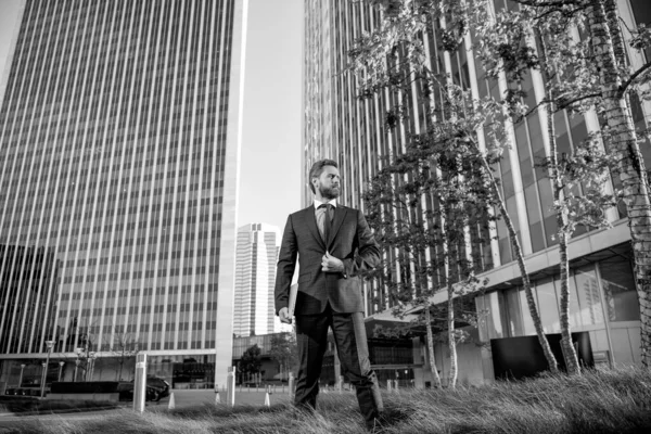 stock image successful man in formalwear with computer outside the office, freelance.