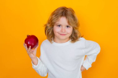 Çocuklar için vitamin ve sağlıklı meyveler. Çocuk stüdyoda kırmızı nar tutuyor. Nar meyvesi. Sarı arka planda izole edilmiş narlı şirin bir çocuğun stüdyo portresi.