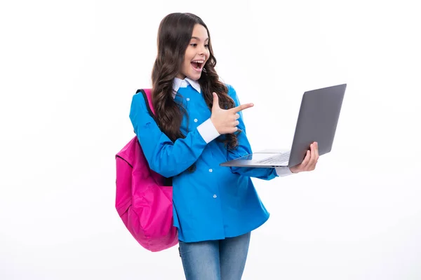Excited Face Back School Teenager Schoolgirl Hold Notebook Laptop School — Stock Photo, Image