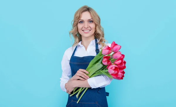 positive flower seller woman in apron with spring tulip flowers on blue background.