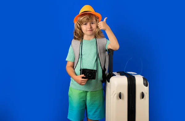 Kid Travel Isolated Studio Portrait Child Travel Adventure Concept — Zdjęcie stockowe