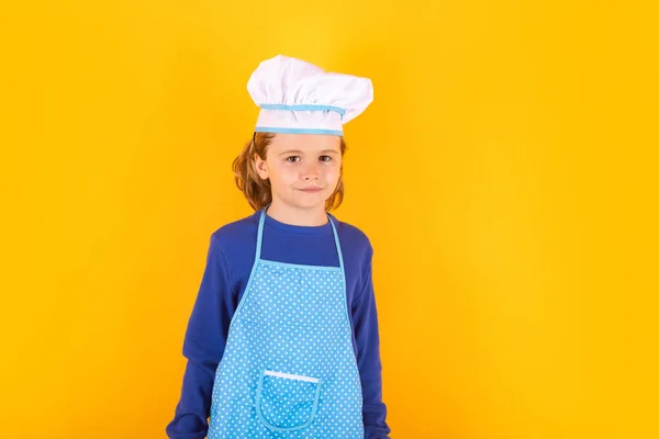 Kid Cooker Uniform Chef Hat Preparing Food Studio Color Background — 스톡 사진