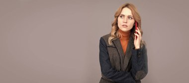 Hello. businesswoman talk on phone. Phone conversation. Woman portrait, isolated header banner with copy space