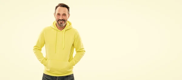 Gelukkige Knappe Volwassen Man Met Baard Snor Hoody Geïsoleerd Witte — Stockfoto