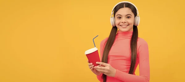 Lets Try Cheerful Kid Takeaway Coffee Cup Headphones Good Morning — 스톡 사진